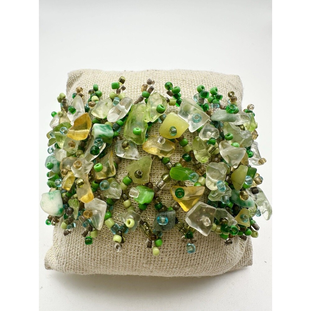 Handmade Semiprecious Gemstone Sea Glass Wide Beaded Bracelet 7”